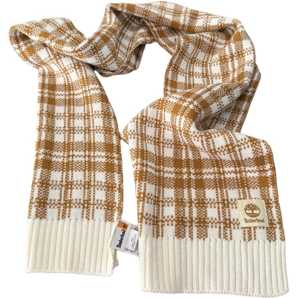 Timberland Tan White Checkers Acrylic Scarf Fringe One Size Cold Weather Thick